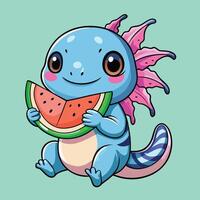 Jolly Axolotl Munching on a Watermelon Slice in Cartoon Style vector