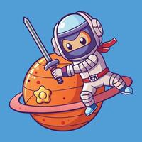 Kawaii Astronaut Ninja Defending Planet with Katana Sword in Space vector