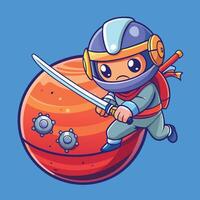 Ninja Astronaut Slicing Planet with Katana Sword in Interstellar Space vector