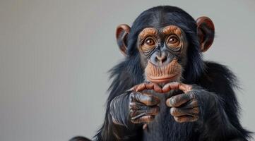 Chimpanzee Making Heart Shape With Hands Against White Background photo