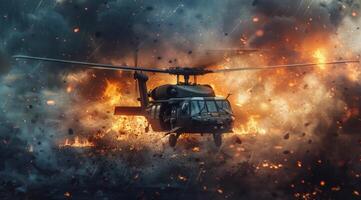 Black Hawk Helicopter Flying Over a Fiery Landscape photo