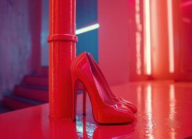 Red Platform Shoe With Neon Lights in a Studio Setting photo
