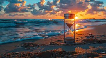 Hourglass on a Sandy Beach at Sunset photo