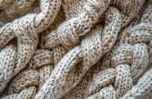 Close-Up View of Knitted Fabric With White and Tan Yarn photo