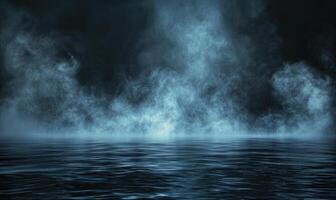 Moody Fog Over a Calm Blue Lake at Night photo