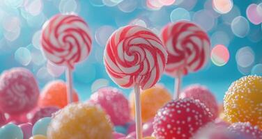 Colorful Swirled Lollipops and Candy on a Blue Background photo