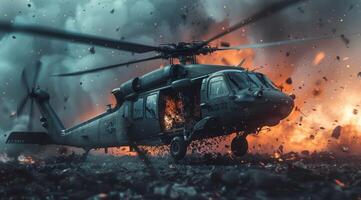 Black Hawk Helicopter Flying Through Fire and Debris photo
