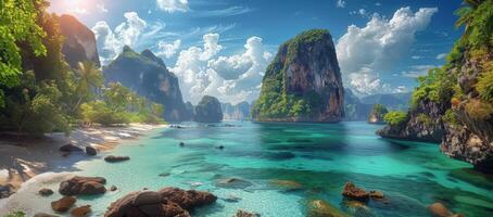 Tranquil Lagoon Surrounded by Lush Green Jungle and Limestone Cliffs on a Sunny Day photo