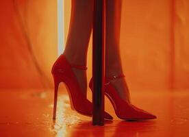 Red And Black High Heel Shoe On Orange Background photo