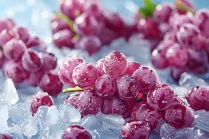 A close-up of fresh purple grapes resting on ice, glistening with water droplets, evoking a refreshing and appetizing feel. photo
