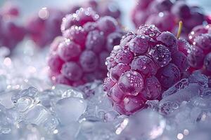 A close-up of glistening purple grapes resting on ice, showcasing droplets of water for a refreshing and appetizing look. photo