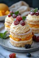 Delicate Mango and Raspberry Mini Cakes with Powdered Sugar photo