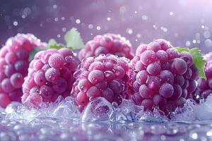 A close-up of fresh, dewy raspberries with droplets of water, showcasing their vibrant color and texture against a soft, blurred background. photo
