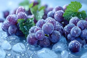 A close-up of fresh grapes with water droplets, placed on ice, highlighting their freshness and appeal. photo