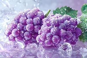A close-up of fresh purple grapes covered in water droplets, resting on ice, creating a refreshing and appetizing visual. photo