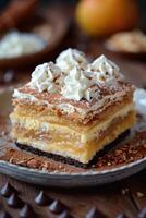 Layered Caramel Cake with Whipped Cream and Chocolate photo