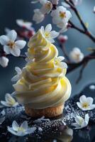 Whipped Cream Cupcake with Delicate Blossoms photo