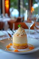 Elegant Dessert with Whipped Cream and Citrus Fruit photo