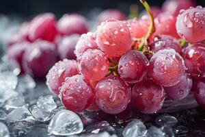 A close-up of fresh, dewy grapes surrounded by ice, highlighting their juicy texture and vibrant color. photo