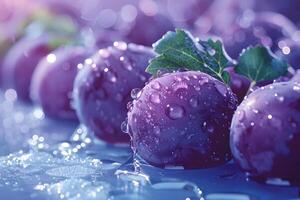 A close-up of fresh, dewy purple grapes glistening with water droplets, creating a vibrant and appetizing visual. photo