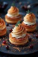 Delicious Mini Cakes with Whipped Cream and Cinnamon photo