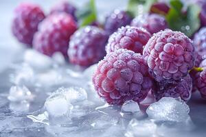 A close-up of fresh raspberries with droplets of water and ice, creating a refreshing and enticing visual. photo