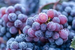 Close-up of dew-covered grapes showcasing their texture and freshness. photo