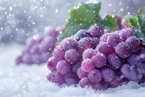 A close-up of fresh purple grapes with water droplets, set against a blurred background, creating a refreshing and vibrant atmosphere. photo