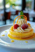 A Delightful Dessert. Mango and Raspberry Tart. photo