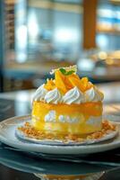 Mango Cake with Whipped Cream and a Mint Garnish photo