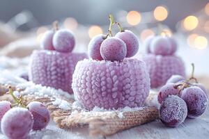 A visually appealing arrangement of frosted purple grapes and textured dessert, evoking a sense of elegance and freshness. photo