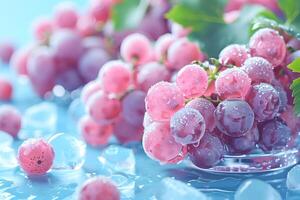 A close-up of fresh grapes with water droplets on them, surrounded by ice, creating a refreshing and appetizing scene. photo