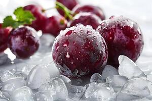 A close-up of fresh red plums with droplets on ice, evoking a refreshing and appetizing feel. photo