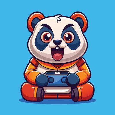 A cartoon panda bear holding a remote control