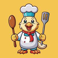 Cartoon chicken chef holding a spatula and spatula vector