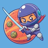 Cute Ninja Astronaut Boldly Defending Planet with Katana Sword vector