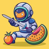 Cute Ninja Astronaut Slicing Fruit with Katana Sword in a Cosmic Adventure vector