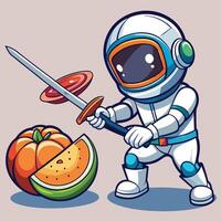 Adorable Astronaut Ninja Elegantly Slicing Fruit with Katana in Space vector