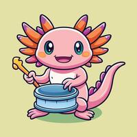 Animated Cartoon Icon of a Kawaii Axolotl Playing Drums vector