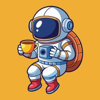 Adorable Cartoon Astronaut Sipping Coffee in the Vastness of Space vector