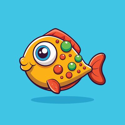 Adorable Cartoon Fish Pizza Icon with Cheerful Expression and Delicious Toppings