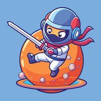 Kawaii Ninja Astronaut Cleaving Planet with Cosmic Katana vector