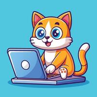 Cartoon of a Cute Cat Working on a Laptop with a Determined Expression vector