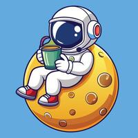 Adorable Cartoon Astronaut Enjoying Coffee on the Moon Surface vector