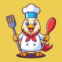 Cartoon chicken chef holding a spatula and spatula vector