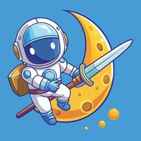 Adorable Astronaut with Sword Defending the Moon and Stars in a Galactic Battle vector