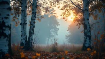 Birch Tree Autumn - Misty Birch Trees in Autumn Generated by AI photo