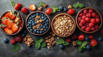 Shot capturing a colorful and healthy breakfast on a rustic wooden table including fruit, yogurt and granola. photo