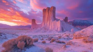 A surreal photograph of a desolate landscape, with rock formations that resemble alien creatures, under a vibrant purple sky. photo