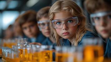 Children enthusiastically participating in a science experiment in a busy classroom, taken from a medium angle. photo